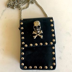 Crossbody black leather studded skull pouch/bag